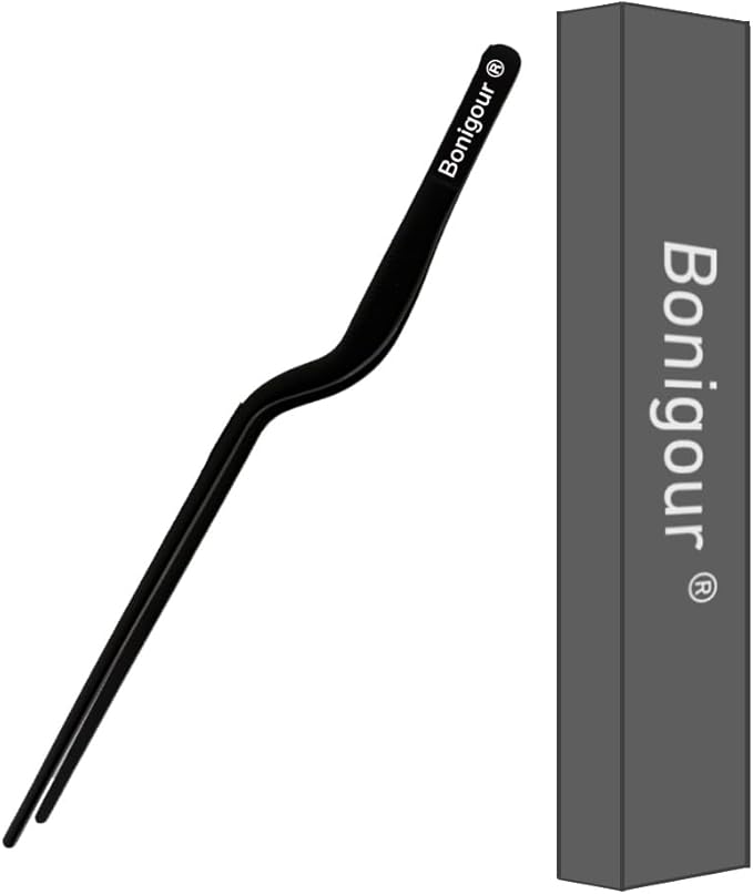 8 Inch Precision Offset Tweezers, Kitchen Culinary Stainless Steel Tongs, Curved Kitchen Cooking Multi-function Chef Precision Tweezer Tongs for Plating, Food Decorating and ect (Black)