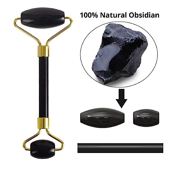 Black Obsidian Jade Facial Roller & Gua Sha Set 100% Natural Source from Highest Altitude of Himalayan Two-Sided Face Neck Massager Stone Beauty Tool-BrightBean Baby