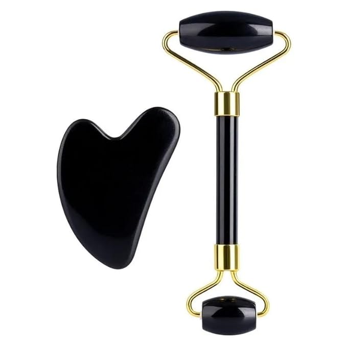 Black Obsidian Jade Facial Roller & Gua Sha Set 100% Natural Source from Highest Altitude of Himalayan Two-Sided Face Neck Massager Stone Beauty Tool-BrightBean Baby