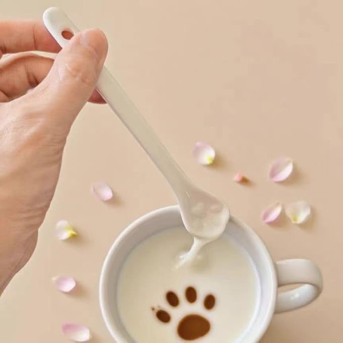 White Long Handle Porcelain Spoons Coffee, Tea, Yogurt and Ice-cream, Cutlery Fitting Paw Ceramic Spoons 5.7 Inch Set of 10 (10, Paw-5.7 inch)