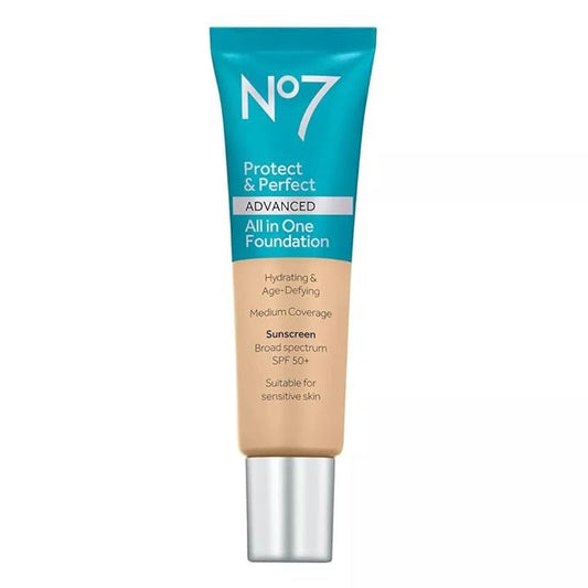 No7 Protect & Perfect Advanced All in One Foundation - Deep Honey - Light to Buildable Coverage - Hydrating Foundation with SPF 50 - Reduces Redness & Blurs Visible Pores (30ml)-BrightBean Baby