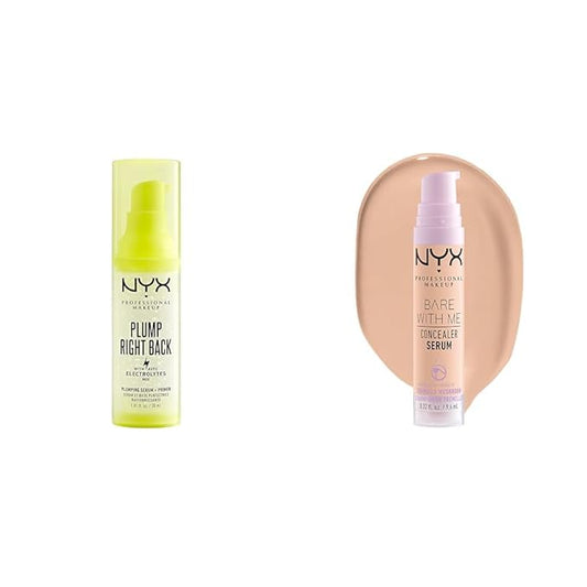 NYX PROFESSIONAL MAKEUP Plump Right Back Plumping Serum & Primer, With Hyaluronic Acid & Bare With Me Concealer Serum, Up To 24Hr Hydration - Vanilla-BrightBean Baby