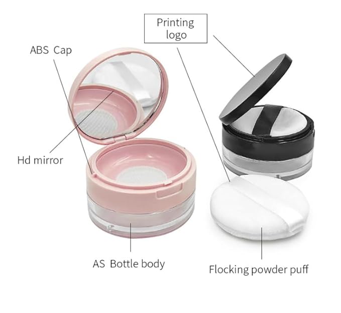Loose Powder Cocntainer No Leaks Empty Reusable Plastic Loose Powder Compact Container Makeup Powder Case with Sponge Powder Puff,Elasticated Net Sifter and Pink Threaded Screw Lid-BrightBean Baby