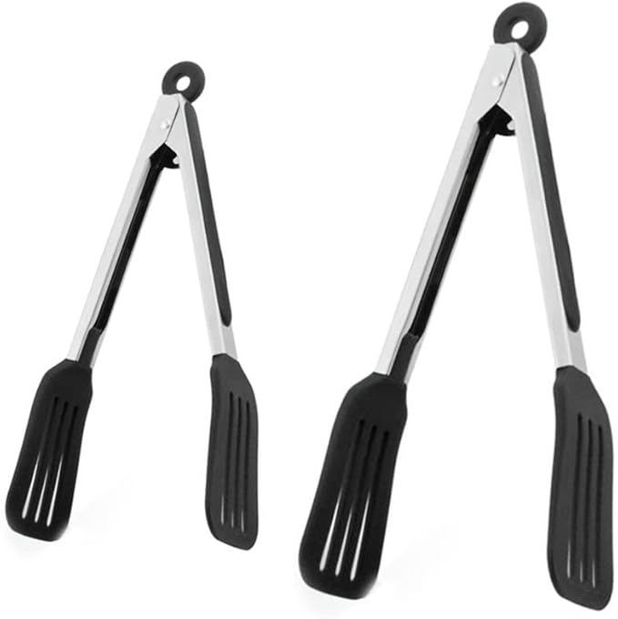 2 Pack Stainless Steel Silicone Cooking & Serving Tongs, 7 & 9 Inch, Black, Locking Handle, Heat Resistant, Dishwasher Safe