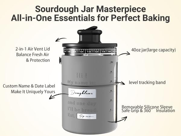 Deluxe Sourdough Starter Kit with Wood Pulp Round & Oval Bannetons & Personalized 34 oz Sourdough Starter Jar Air Flow Lid, Bread Sling Scrapers & Bag Complete Sourdough Bread Baking Supplies