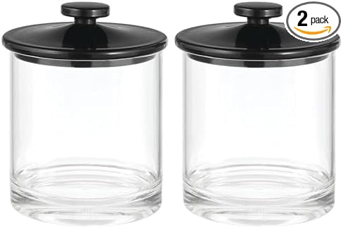 mDesign Small Modern Apothecary Storage Organizer Canister Jars - Acrylic Containers for Bathroom, Organization Holder for Vanity, Counter, Makeup Table, Lumiere Collection, 2 Pack, Clear/Black