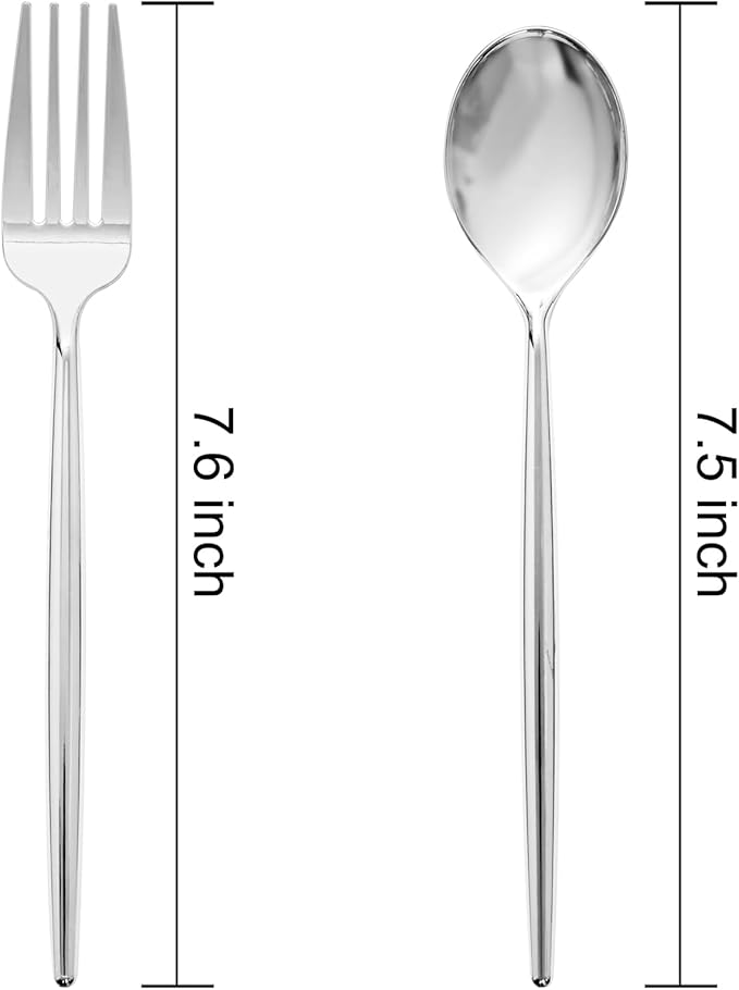 SUT 200Pcs Plastic Silverware,Plastic Spoons and Forks, Disposable Silverware,Silver Plastic Silverware, Disposable Forks and Spoons, Includes 100 forks, 100 spoons for Party, Birthday, Wedding