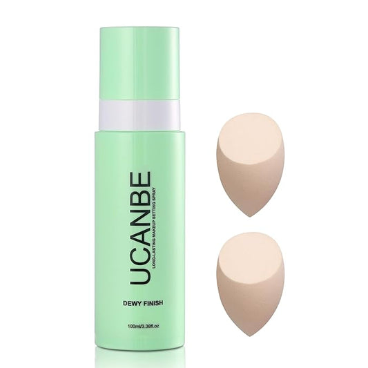 Dewy Makeup Setting Spray Kit-3.38 Fl oz Hydrating Illuminating Finishing Spray Lightweight Face Mist All Day Long Make up Fixer +2PCS Sponge Puff, Hydrate Skin for a Bright Look-BrightBean Baby