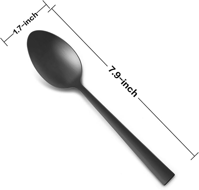 Matte Black Dinner Spoons Set of 12, E-far 7.9 Inch Stainless Steel Soup Spoons Tablespoons for Home, Kitchen or Restaurant, Non-toxic & Mirror Polished, Squared Edge & Dishwasher Safe