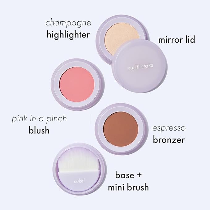 Subtl Beauty 3-in-1 travel makeup kit by subtl staks | powder blush, bronzer, and highlighter | includes mirror lid and mini brush | for dark-deep skin tones-BrightBean Baby
