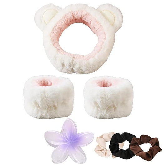 7pcs/Set Hairdressing Accessories Kit, Lovely Bear Decor Head Band, Elastic Fluffy Water Absorbent Head Hoops, Flower Shaped Hair Claw Clips, Ponytail Holders Hair Ties (White)-BrightBean Baby