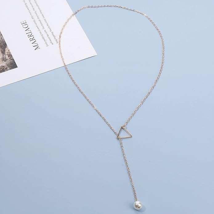 Boho Pearl Triangle Necklace Gold Y Pearl Necklace Minimalist Y Lariat Necklace Geometry Chain Jewelry for Women and Girls-BrightBean Baby