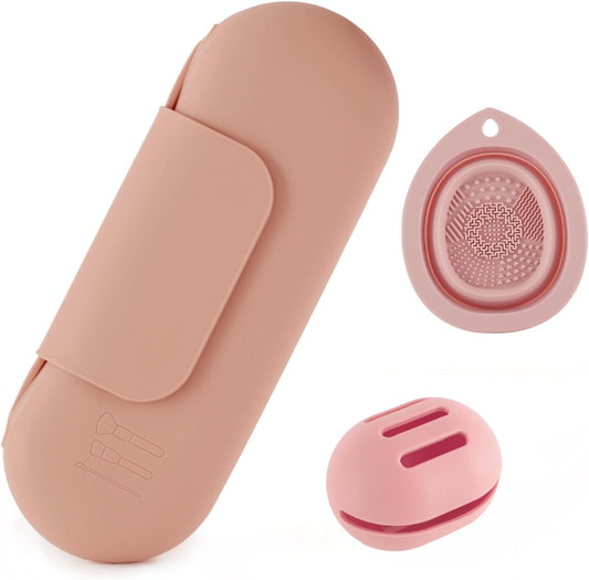 Silicone Makeup Brush Holder Set – Portable Travel Makeup Brush Holder with Makeup Sponge Holder and Foldable Cleaning Bowl – Upgraded 3-in-1 Cosmetic Organizer Set (powdered pink)-BrightBean Baby