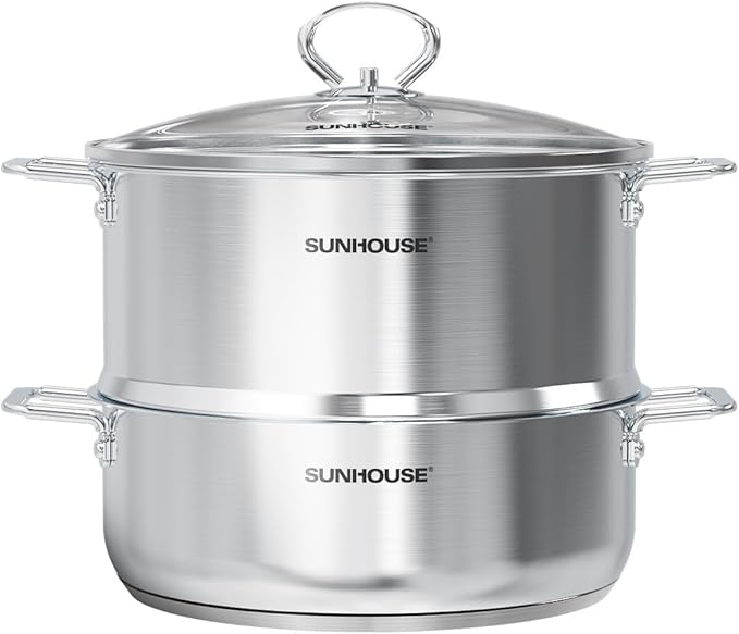 SUNHOUSE 2-Tier Stainless Steel Steamer Pot 5.5QT - Toxin-Free Healthy Cooking