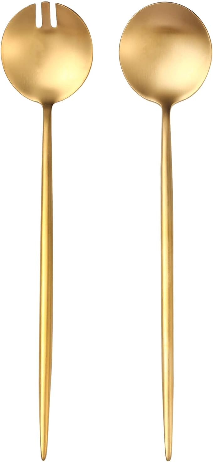 Lemeya Gold Salad Serving Utensils,Serving Spoons Stainless Steel,2Pcs Long Handle Salad Servers 11.42 Inch,Salad Utensils for Serving,Matte Finish,Dishwasher Safe