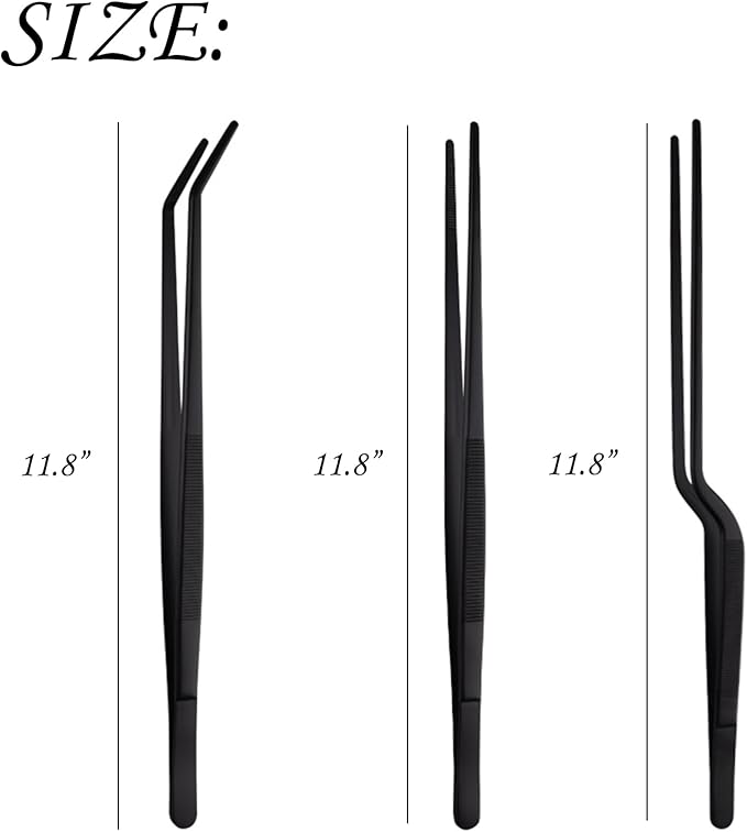 Professional Stainless Steel Food Tongs Stainless Steel Kitchen Tweezers Tongs Set 11.8 Inch Professional Chef Cooking Tools for BBQ Plating Baking (3, Black)