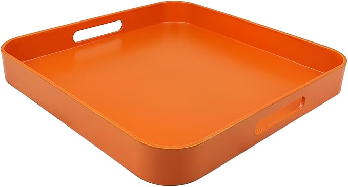 Square Orange Decorative Serving Tray with Handles, Versatile Ottoman Tray for Coffee Table, Entertaining, Outdoor Patio, Living Room, 13”*13”*1.6”
