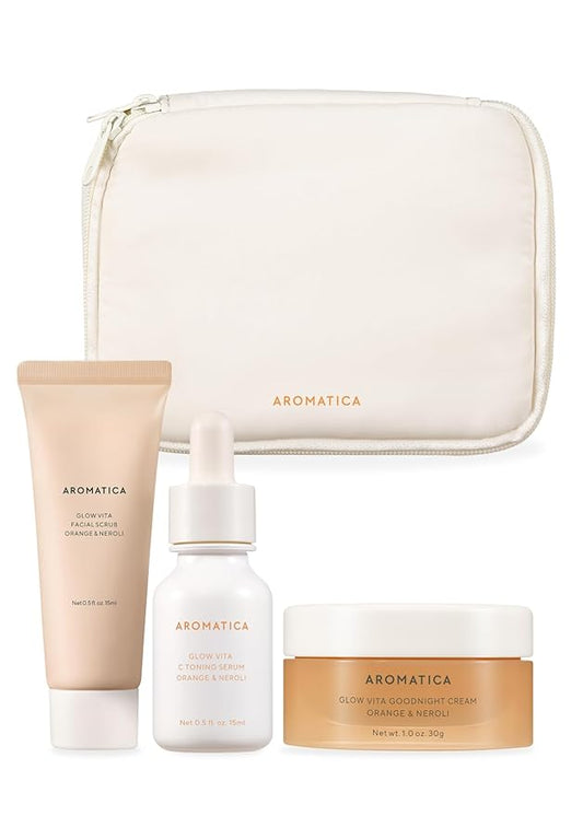 AROMATICA Glow Vita Trial Kit - Travel Size Skin Care Set [Vitamin C Serum 0.5 fl.oz, Facial Scrub 0.5 fl.oz, Goodnight Cream with Retinol 1oz] - Travel Kit for Women-BrightBean Baby