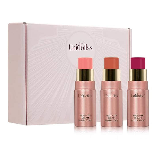 3 Pcs Multi-Use Makeup Cream Blush Stick Set, Unidollssbeauty 3-in-1 Buildable Blush Stick Set, Hydrating formula, All day wear, Easy Application with a Random Accessory Included(01,03,04)-BrightBean Baby
