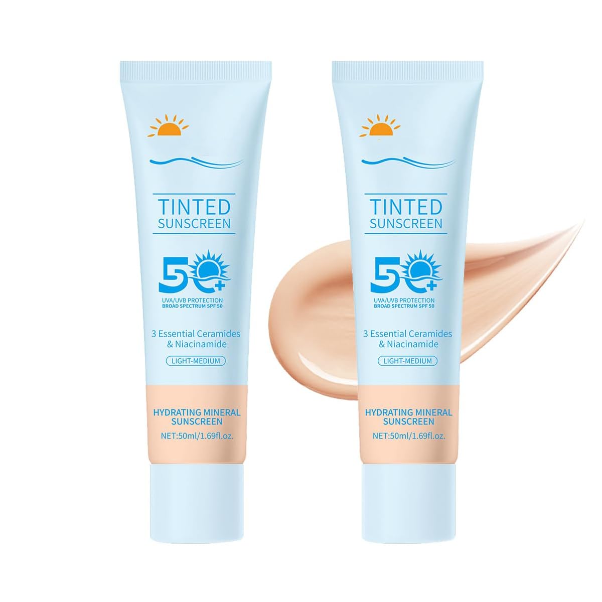 Tinted Sunscreen for Face SPF 50, 2 PCS Defense SPF 50 Face Sunscreen Lotion with Hyaluronic Acid, Sun Essence Faces Sunscreens, Hydrating, Moisturizing, UV Defense, Travel Size (Medium Color)-BrightBean Baby