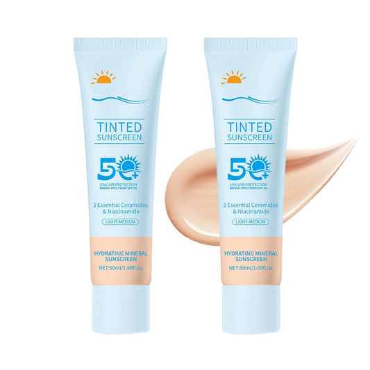 Tinted Sunscreen for Face SPF 50, 2 PCS Defense SPF 50 Face Sunscreen Lotion with Hyaluronic Acid, Sun Essence Faces Sunscreens, Hydrating, Moisturizing, UV Defense, Travel Size (Medium Color)-BrightBean Baby