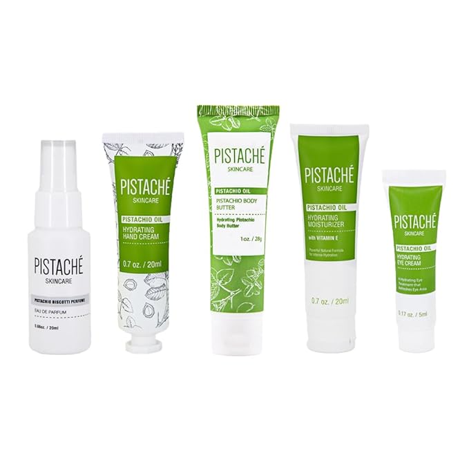 Pistaché Skincare Pistachio Oil 5-Pc Mini Collection (Travel) + Body Butter, Hand Cream, Biscotti Perfume, Eye Cream & Face Moisturizer + Hydrates and Nourishes + Vitamin E + Antioxidant Protection-BrightBean Baby