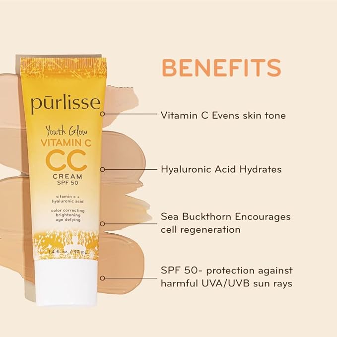 pūrlisse Youth Glow Vitamin C CC Cream SPF 50: Cruelty-Free & Clean, Paraben & Sulfate-Free, Full Coverage, Hydrates with Hyaluronic Acid | Light 1.4oz-BrightBean Baby