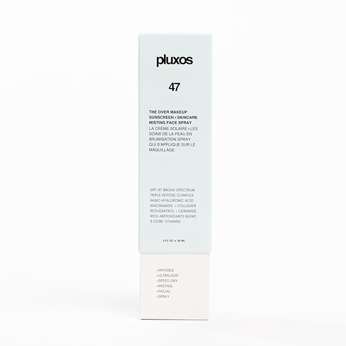 | PLUXOS 47 | SUNSCREEN + SKINCARE SPF 47 FACE MIST SPRAY (Peach) | SUN DEFENSE COMPLEX CARE | Apply Over Makeup, Broad Spectrum, Clear, Light, Vegan, Hydrate, Fight Acne, Anti-Aging, Cell Repair-BrightBean Baby