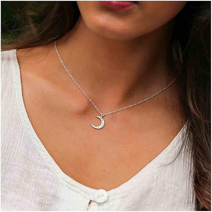 Boho Rhinestone Moon Necklace CZ Crescent Pendant Necklace Chain Minimalist Necklace Festival Jewelry for Women and Teen Girls-BrightBean Baby