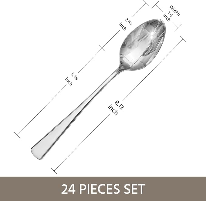 KINGSTONE 24 Piece Dinner Spoon Set, 18/10 Stainless Steel Spoons, Silver Food Grade Table spoons of 24, Metal Spoons for Home, Kitchen, Weddings, Parties or Restaurant, Dishwasher Safe-8.15inches