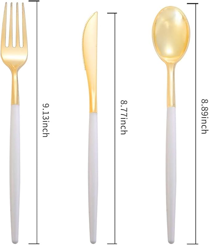 I00000 144Pcs Gold Plastic Silverware, Gold Plastic Utensils Set,Disposable Utensils Heavy Duty,Disposable Silverware Set Includes 48 Forks,48 Knives,48 Spoons for Party & Wedding