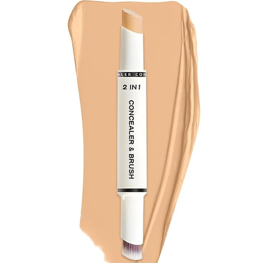 Concealer Stick Full Coverage, Cream Color Corrector Makeup, Dual Ended Conceal Pen with Brush, Waterproof Matte Eraser Dark Circles, Blemish, Pores, Spots Buildable for All Skin Types- Natural-BrightBean Baby