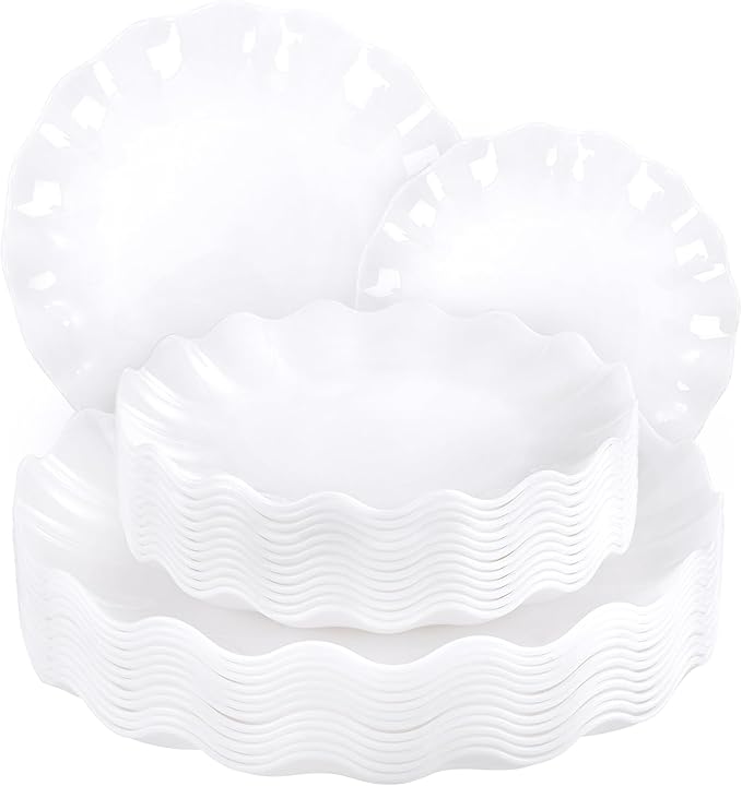 LIYH 24 Pcs White Plastic Plates Reusable - Unbreakable Party Plates, Microwave & Dishwasher Safe Camping Plate Sets Perfect for Parties, Birthday, Picnics, BPA Free (12Guests)