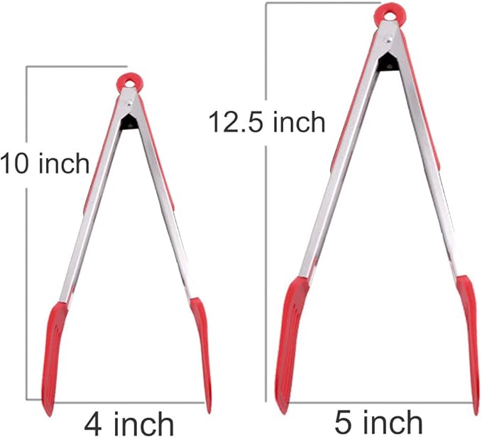 Cooking Tongs 9 inches and 12 inches Stainless Steel Kitchen Silicone Serving Tong Heat Resistant Meat Turner Spatula Tong Fish Tongs with Locking Handle Joint (Red)