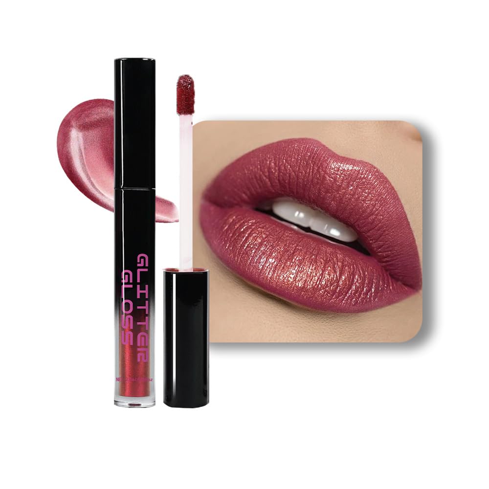 Red Purple Metallic Lipstick for Women,Glitter Sparkling Liquid Lipstick,Long Lasting Waterproof Lightweight Comfortable Non-Drying Bold Dark Lip Gloss for Gothic Stage Makeup,Vegan-BrightBean Baby