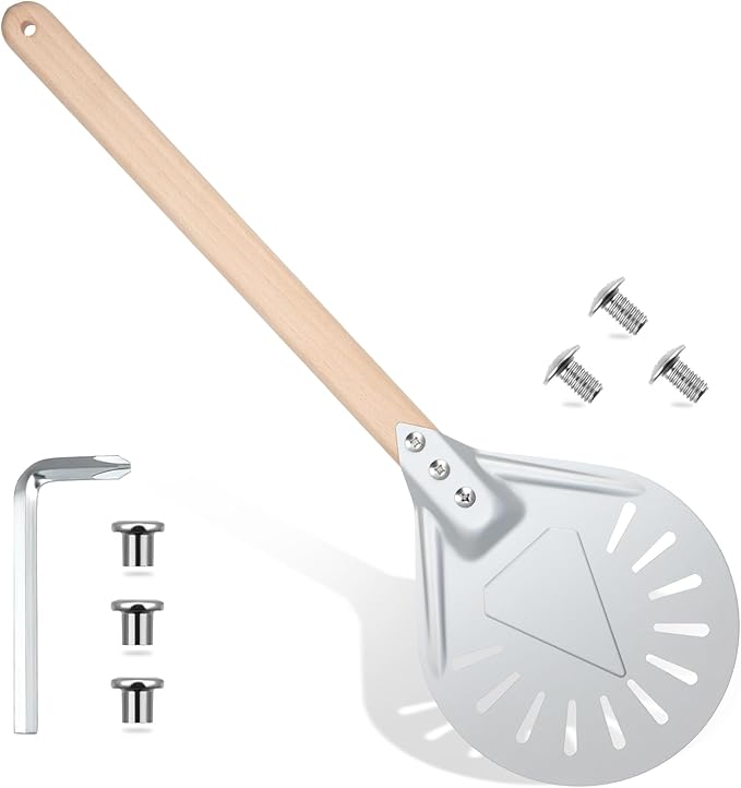 Pizza Turning Peel Perforated Pizza Turner Round Metal Aluminum Turning Peel Paddle with 16 Inch Anti-scalding Non-slip Durable Wooden Handle for Homemade Bread Bakers Oven Accessories(7 Inch)