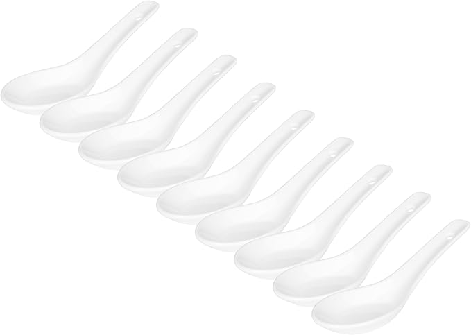 Soup Spoons Set of 10, Ceramic Chinese Soup Spoon, Asian Soup Spoons, White Japanese Spoon Large for Ramen Pho Wonton Dumpling Miso, Deep Oval Hook Design (10 pcs-5.3 inch)