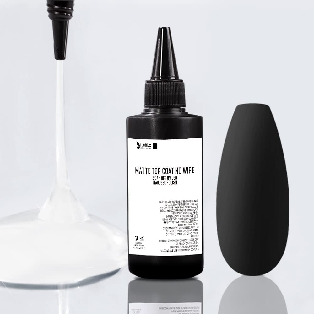 beautilux Gel Matte Top Coat, 100ml Large Capacity No Wipe Matte Top Coat, Soak Off Gel Polish Long-Lasting Prevent Scratches or Chipping, Home Nails DIY Salon 3.5 OZ-BrightBean Baby