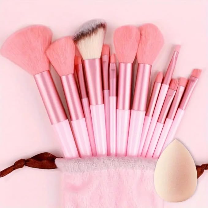 Foundation Makeup Brush Set Kit | 13 Pcs Premium Synthetic Kabuki Eye Shadows Make Up Brushes + 1 Sponge + 1 Brush Bag for Travel and Home Use (PINK)-BrightBean Baby