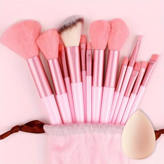 Foundation Makeup Brush Set Kit | 13 Pcs Premium Synthetic Kabuki Eye Shadows Make Up Brushes + 1 Sponge + 1 Brush Bag for Travel and Home Use (PINK)-BrightBean Baby
