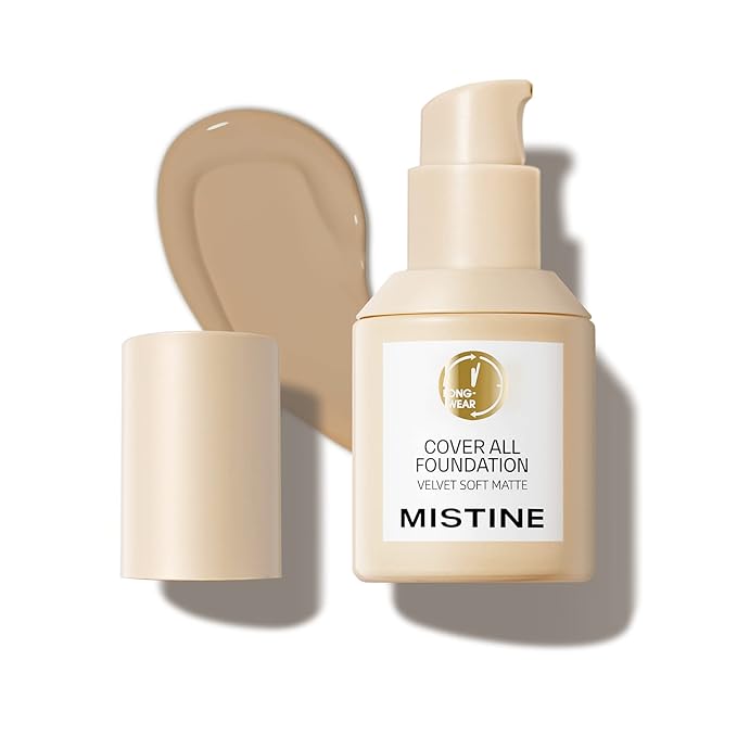 MISTINE Full Coverage Foundation Makeup for Oily Skin,24 Hour Oil Control Liquid Foundation,Skin-Caring,Moisturizing Formula,Cream Foundation,Matte Finish,Nude,1 Fl Oz-BrightBean Baby