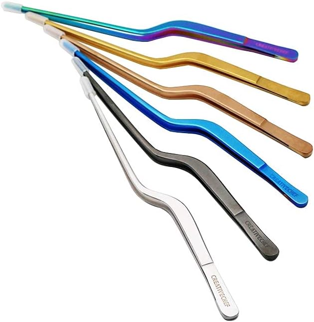 CREATIVECHEF 8 Inch Curved Stainless Steel Precision Kitchen Cooking Multi-function Tweezers Culinary Offset Tweezer Tongs (8" Curved, Bronze)