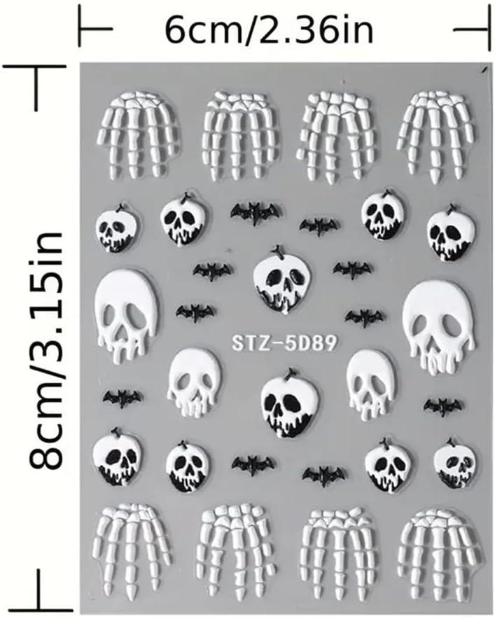 2 Pcs Halloween Nail Art Stickers 5D Embossed Scary Skull Self-Adhesive Nail Decals Halloween Stickers Bat Bones of The Dead Designs Nail Decorations Holiday DIY Acrylic Nail Accessories for Women-BrightBean Baby