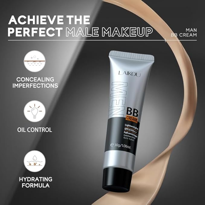 AKARY Hydrating Men BB Cream SPF 15 PA++, Full-Coverage Foundation&Concealer, Mens Face Moisturizer Cream Evens Skin Tone, Oil Control and Cover Flaws, Natural Finish for All Skin Types, Chocolate 420-BrightBean Baby