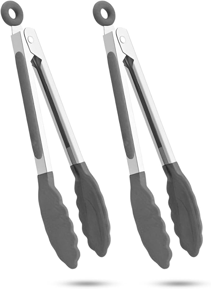 2-Pack of 9" (Small) & 12" (Large) Kitchen Tongs Set: Non-Stick Silicone-Stainless Steel Cooking Tongs, BPA Free, Heat Resistant (480°F) - Non-Slip Grip & Locking Metal Food Tongs (Grey)