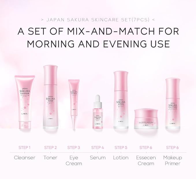 Skin Care Set JAPAN SAKURA Beauty Gift Sets Skin Care Kit with Cleanser, Toner, Lotion, Serum, Eye Cream, Face Cream, Make up Primer Travel Kit for Women Wife Mom 7pcs-BrightBean Baby