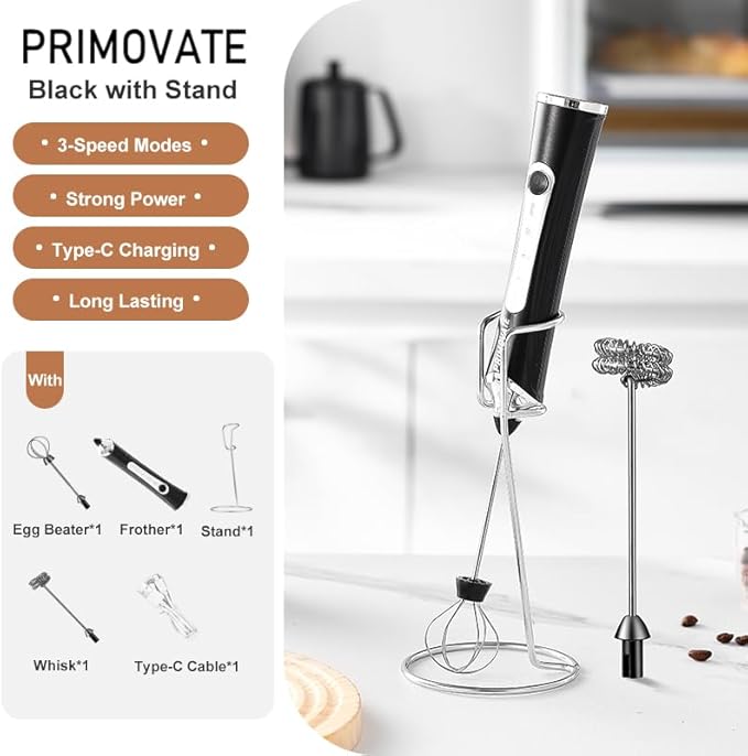 Rechargable Milk Frother, Handheld Drink Mixer with Whisk Attachment, 2025 upgraded, powerfull 3 speed motor, Type C charging with charge light, with extra egg mix head (White with Stand)