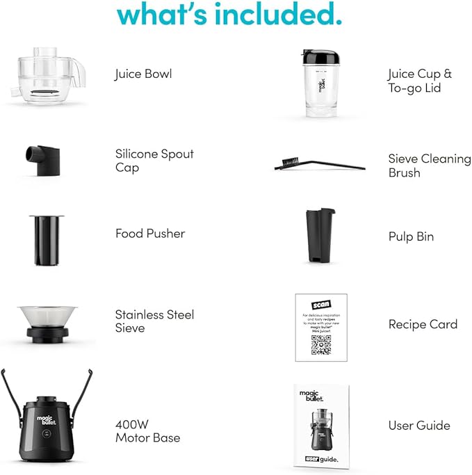 Magic Bullet® Mini Juicer, Countertop Space-Saving, 2" Feed Chute for Fruits and Vegetables, 400W, 16oz Cup, Compact Design, Black, MBJ50100AK