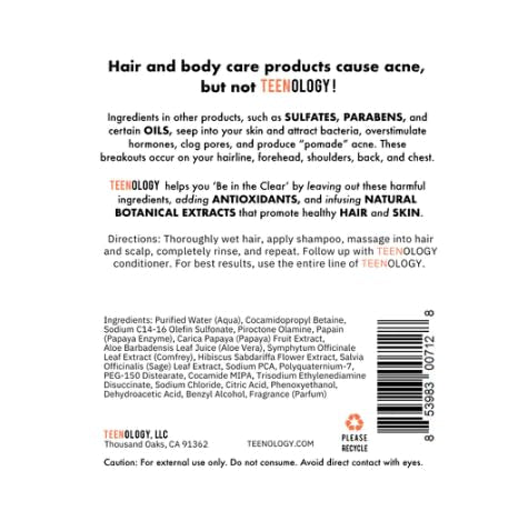 Teenology Shampoo for Teens - Avoid Forehead and Body Acne - No Sulfates or Parabens, Noncomedogenic, Natural Botanical Extracts, 16 oz. (Fresh Papaya)-BrightBean Baby
