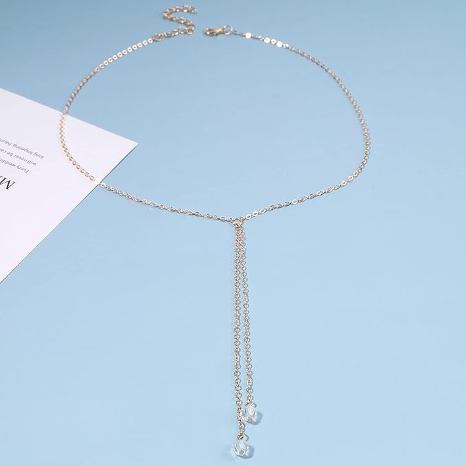 Boho Crystal Drop Necklace Gold Crystal Tassel Y Necklace Chain Vintage Long Drop Chain Necklace Minimalist Necklace Chain Jewelry for Women and Girls Gifts-BrightBean Baby